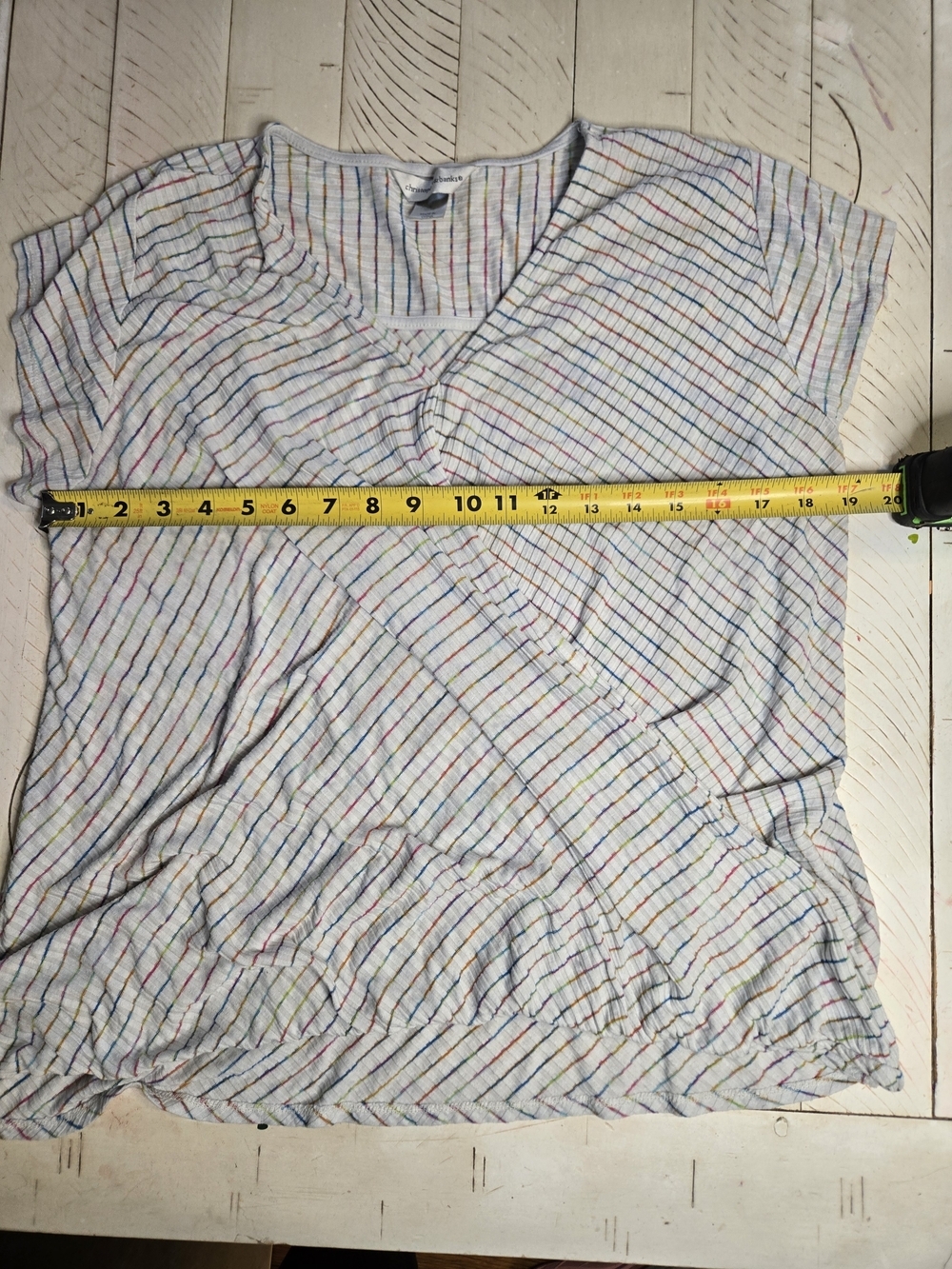 Christopher & Banks White Short-Sleeve V-Neck Top with Multi-Color Pinstripes